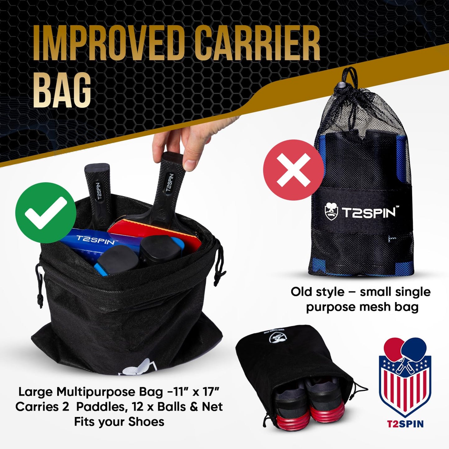 T2Spin Premium Retractable Ping Pong Net for Any Table - Portable Table Tennis Net -Ping Pong Net with Clamps -Table Tennis Accessories - Comes with Large Storage Bag