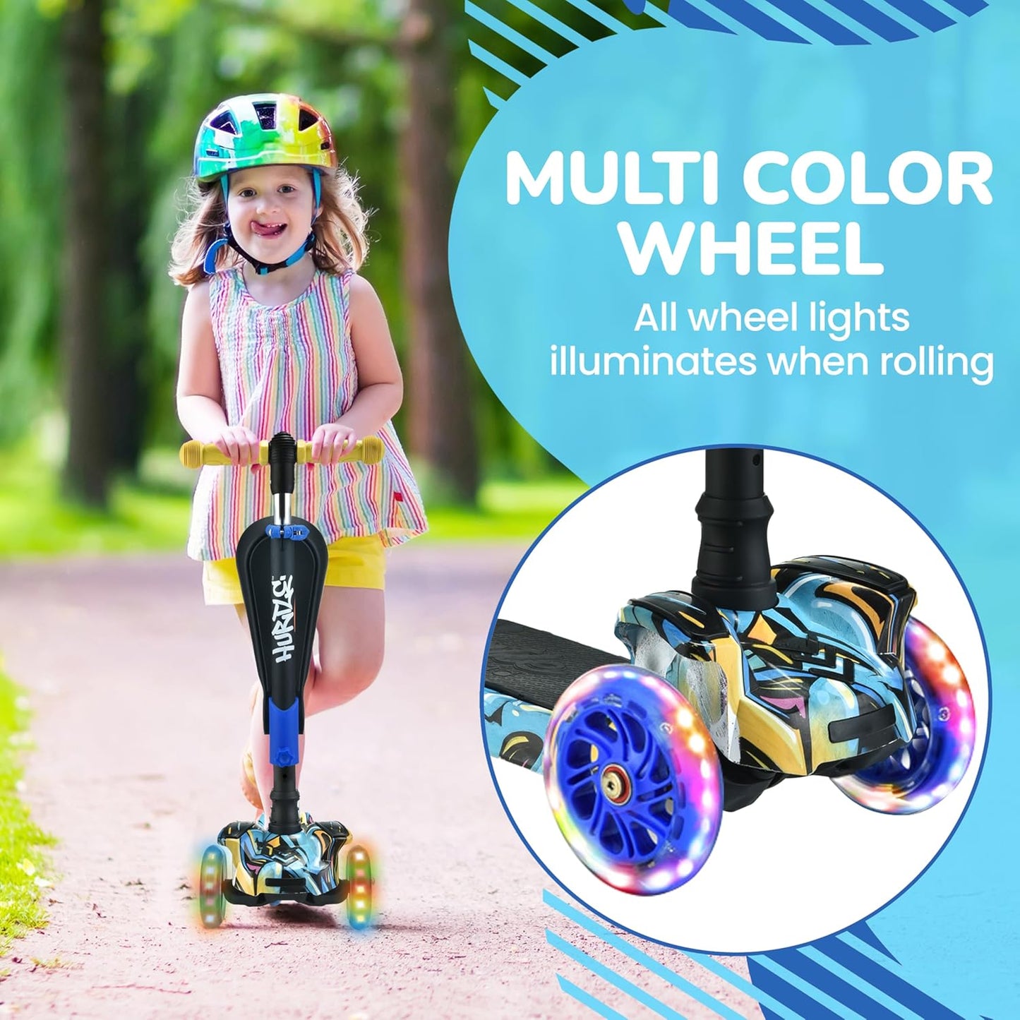Hurtle 3-Wheeled Kids Scooter - LED Wheel Lights, Adjustable Handlebar & Foldable Seat | Sit or Stand Ride for Ages 1-14