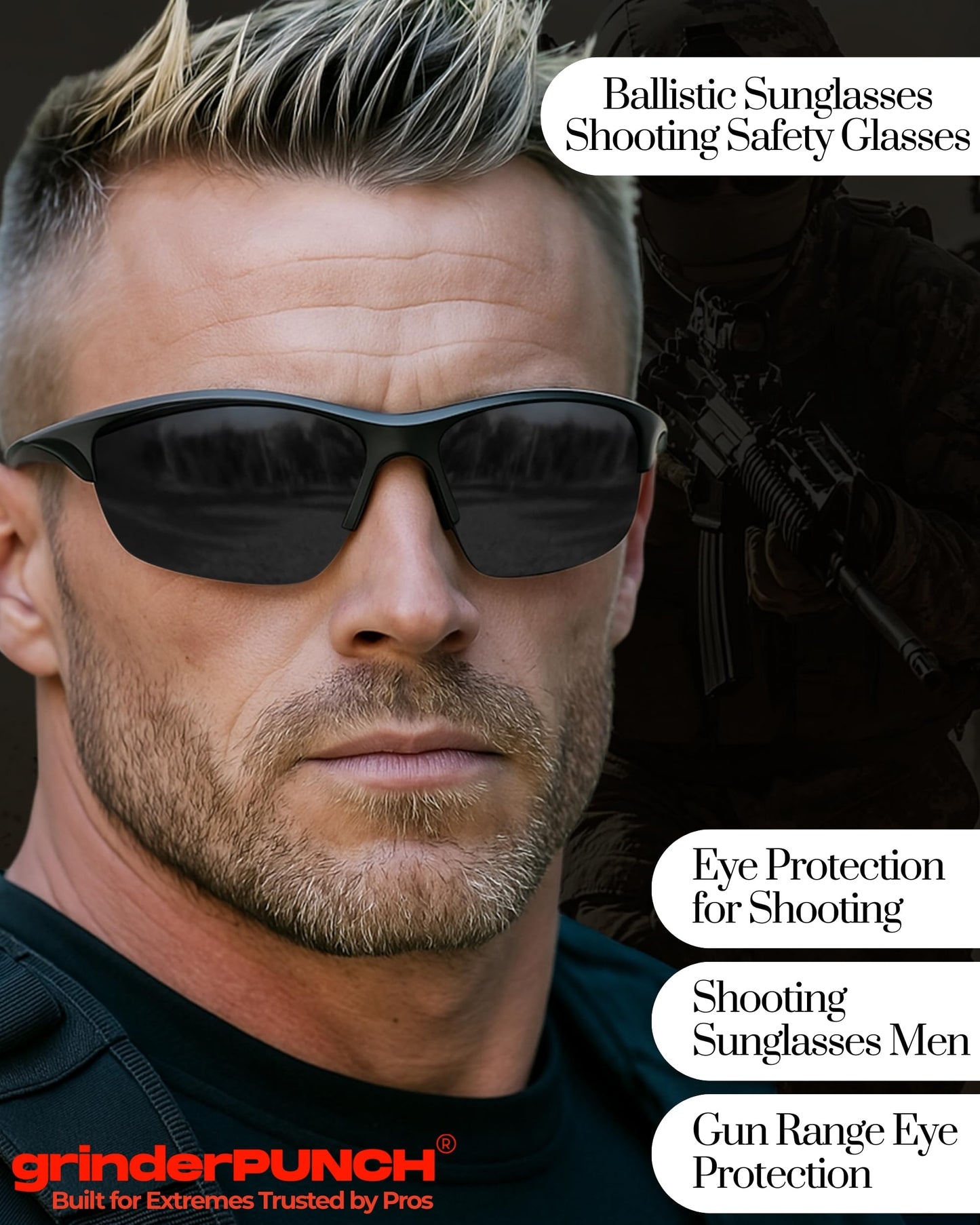 grinderPUNCH Tactical Shooting Glasses Military Grade Impact Resistant Protection 100% UV Lenses ANSI Z87 Safety Glasses (Black)