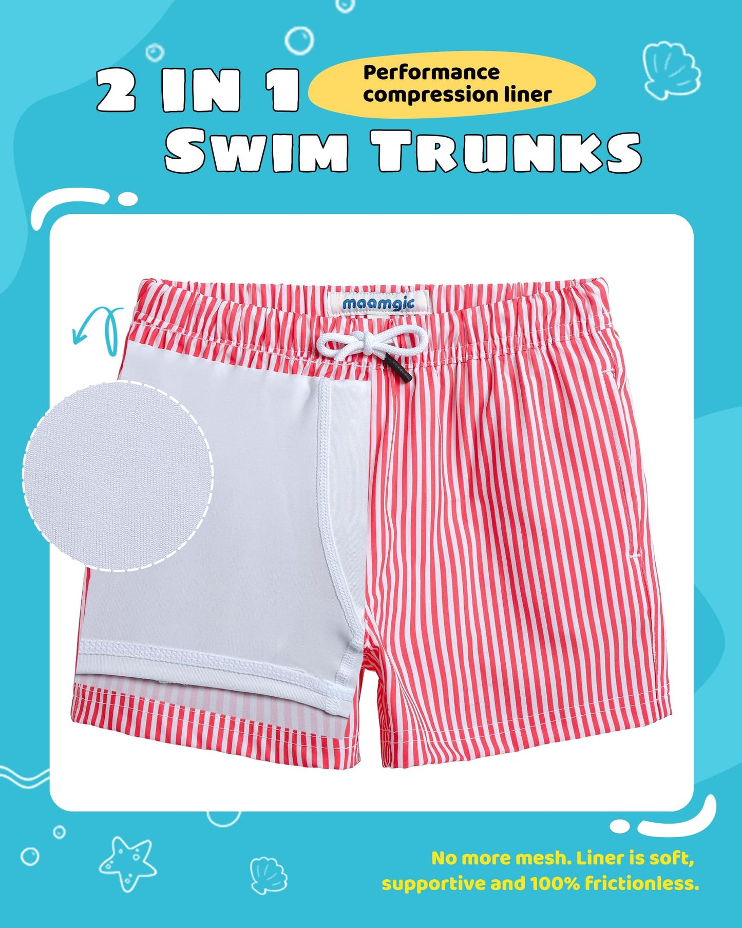 maamgic Boys Swim Trunks with Compression Liner Toddler Stretch Swim Shorts Quick Dry Swimming Trunks Boxer Brief 2 in 1 Beach Shorts Red Stripe 4T