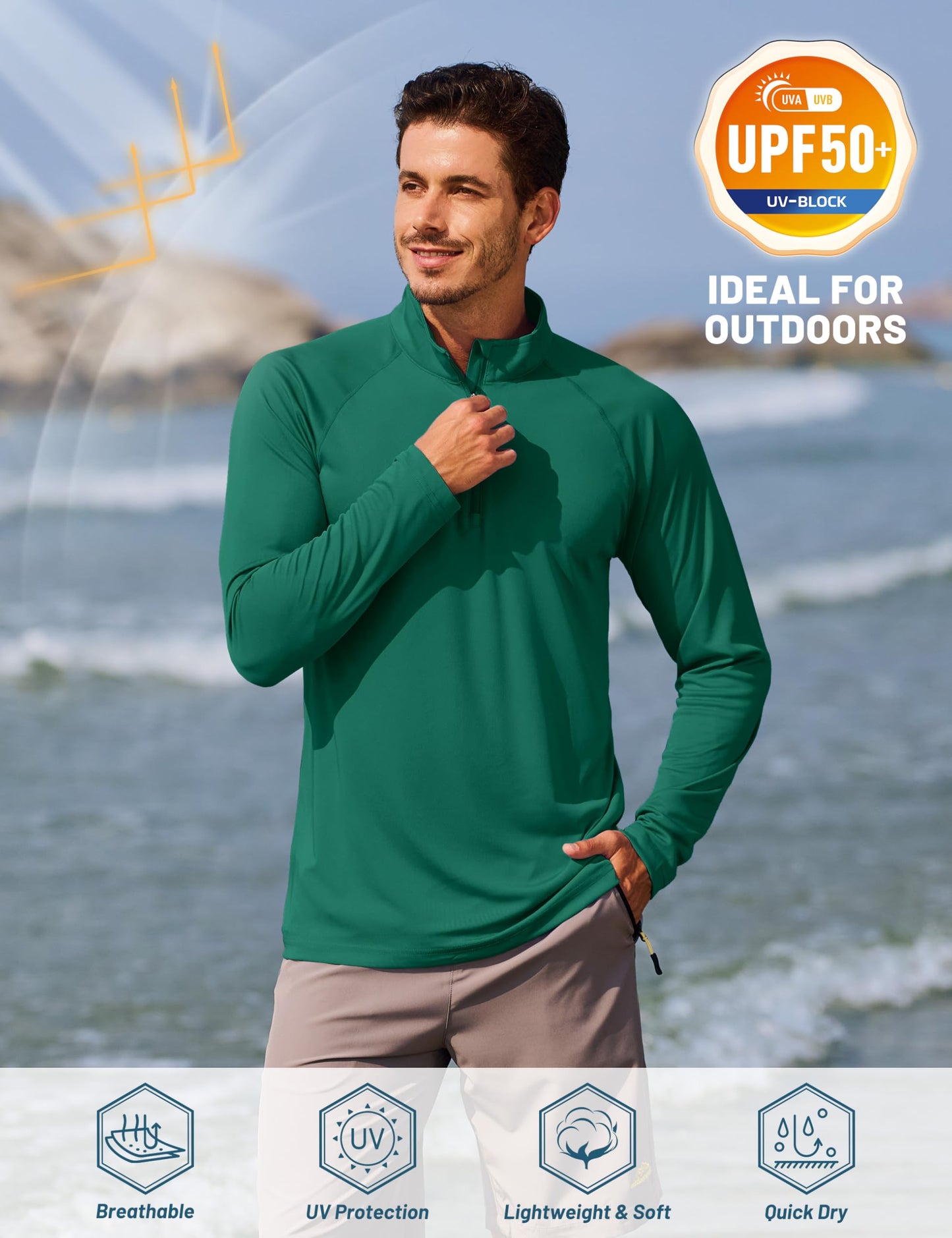 TACVASEN Polyester Shirts Men Outdoor Long Sleeve Athletic Running Performance Quarter Zip Pullover Dry Fit Shirts Men Emerald Green XXL