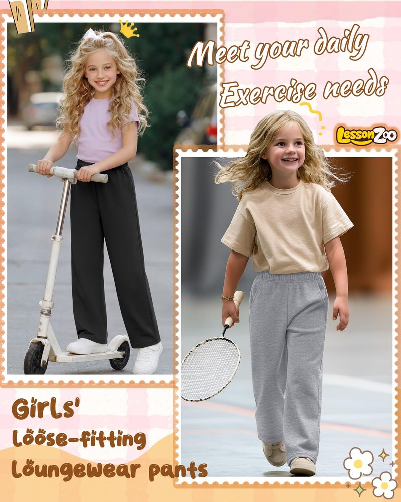 LessonZoo 3 Pack Girls Wide Leg Sweatpants Kids Lightweight Joggers Open Bottom Baggy Pants Athletic with Pockets(Black, Light Heather Gray, Light Gray,13-14 Years)