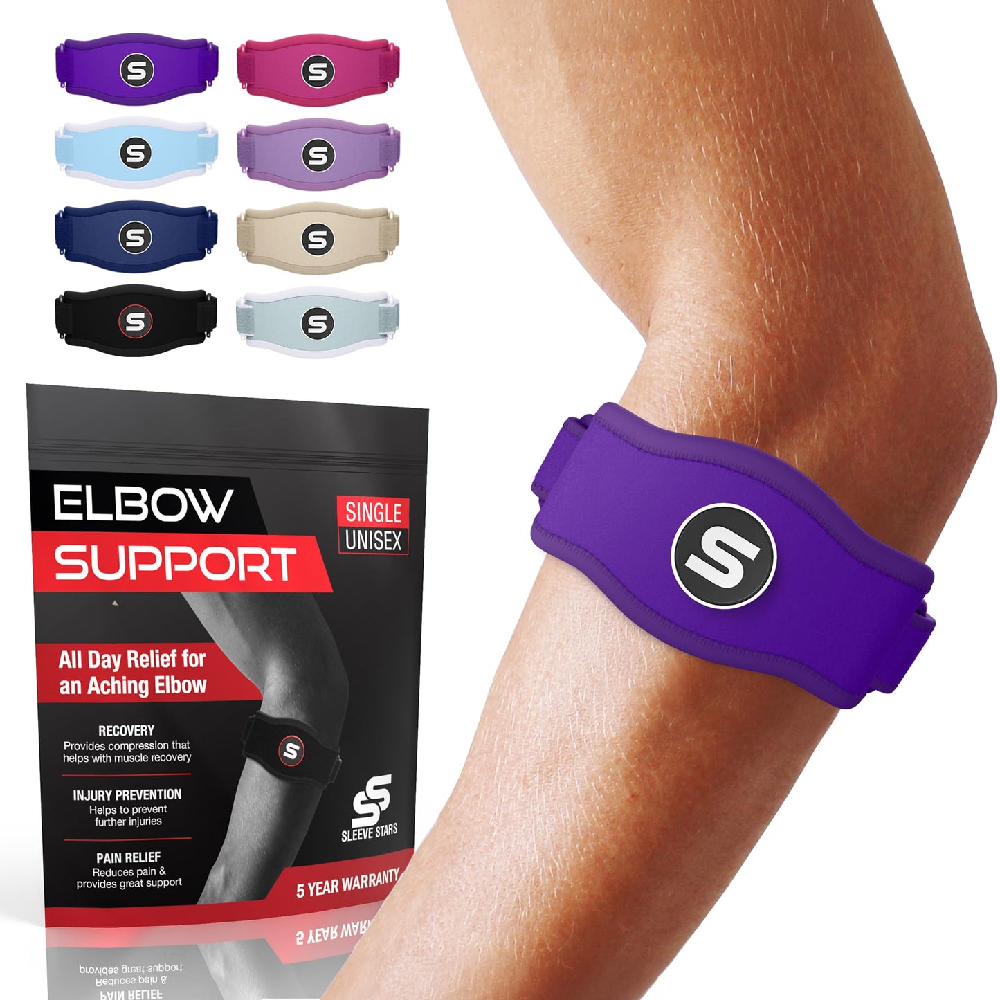 Sleeve Stars Tennis Elbow Brace for Men & Women, Elbow Brace for Tendonitis, Tennis Elbow Strap, Golfers Elbow Brace, Elbow Support Wrap for Tennis Elbow Relief, Fits 9"-23" (Pair/Dark Purple)