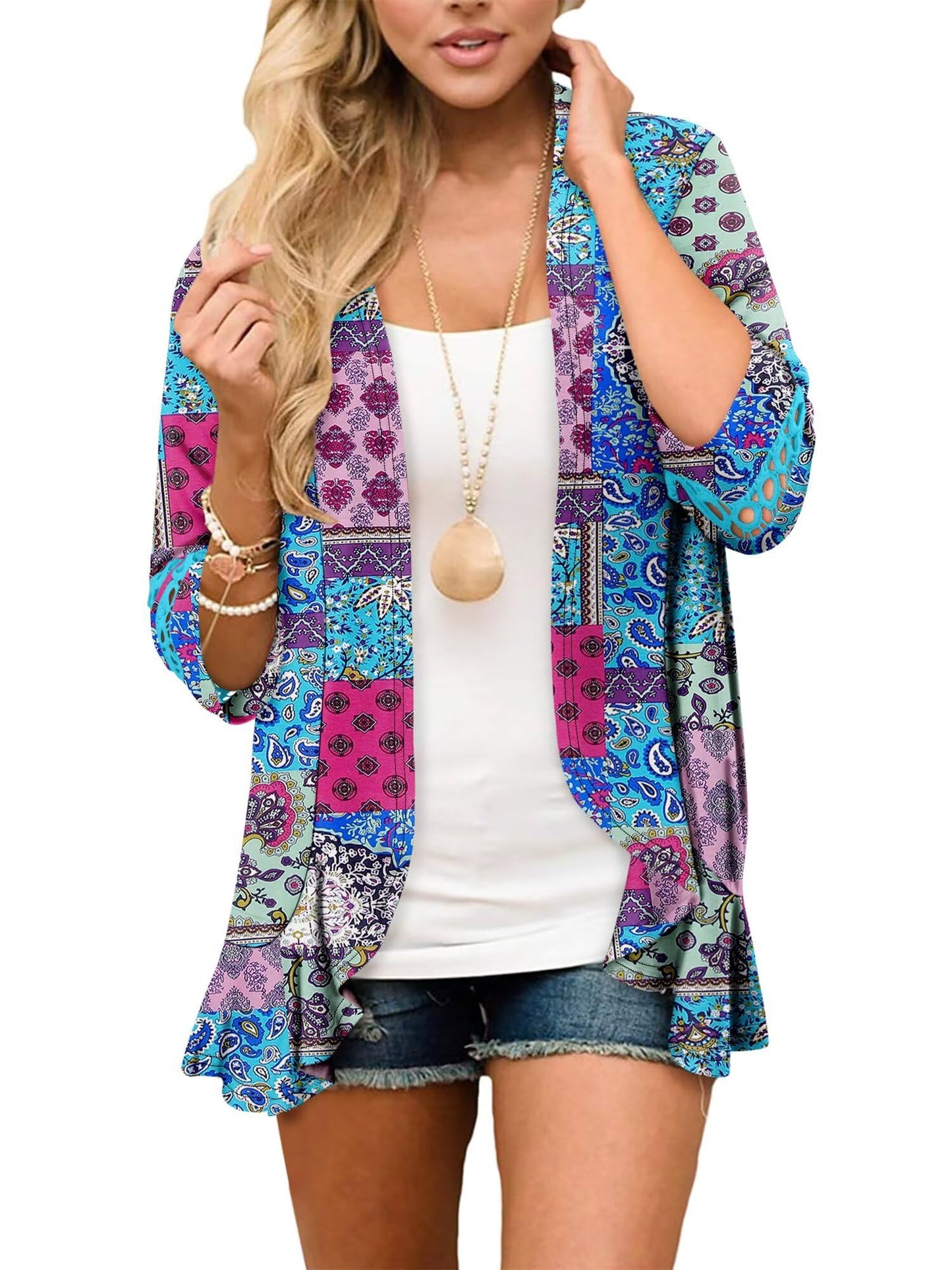 Women's Open Front Cardigan Dressy 3/4 Sleeve Summer Soft Draped Cardigans Blue Print Outwear Large