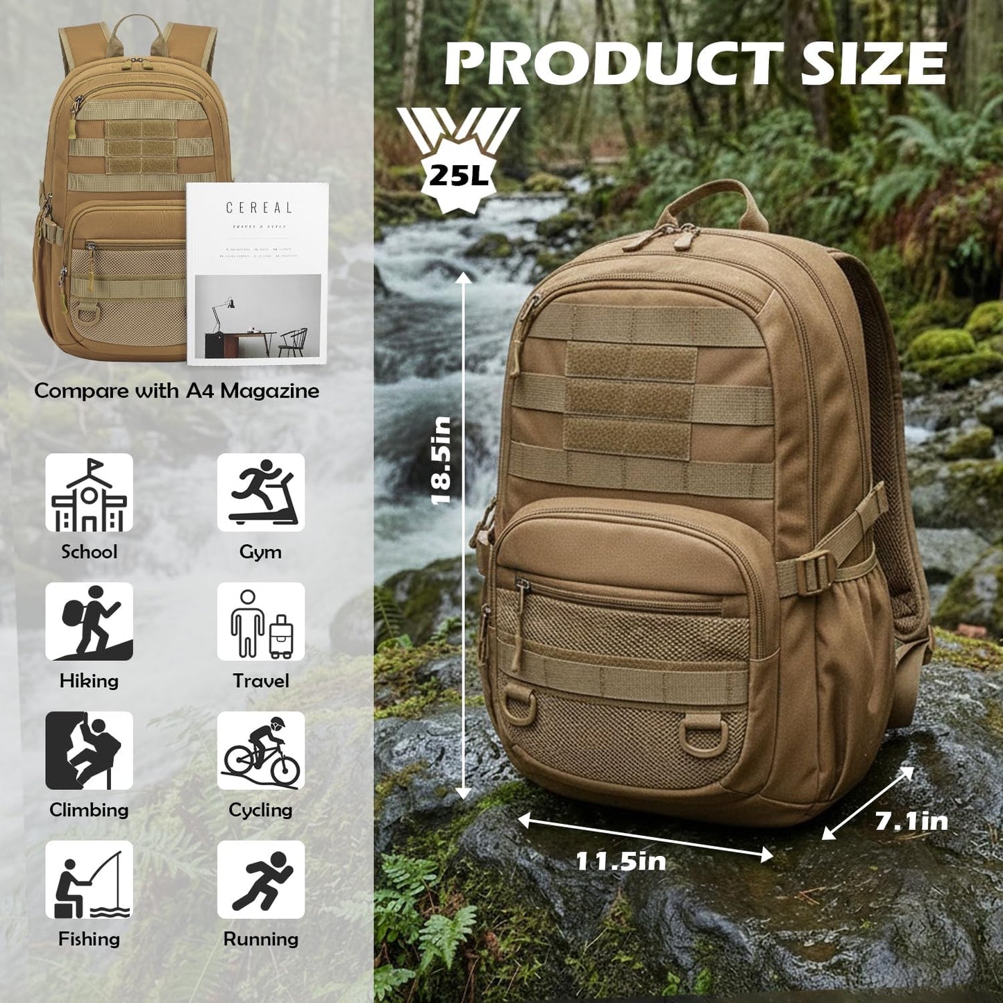 Tactical Backpack - Military Molle 3-Day Assault Pack for Hiking | Brown Rucksack