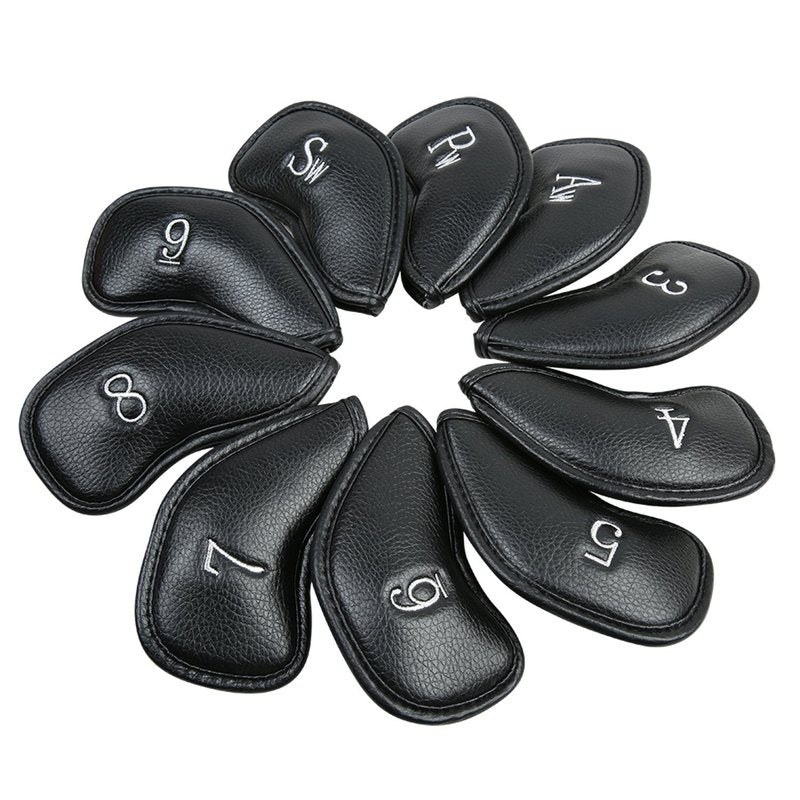 Golf Builder 10pcs/Set Black Leather Golf Iron Head Covers 3-9 Sw Pw Aw Fit Right Hand Irons