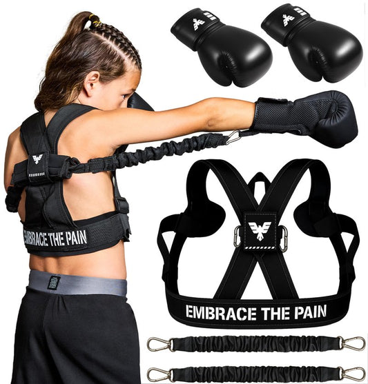 Elite Sports Kids Boxing Harness with 6oz Gloves – Adjustable Resistance Bands (3 Levels), Stability Strap, Padded Shoulder & Back, Ballistic Nylon, Quick-Release Buckle – Youth Training Gear
