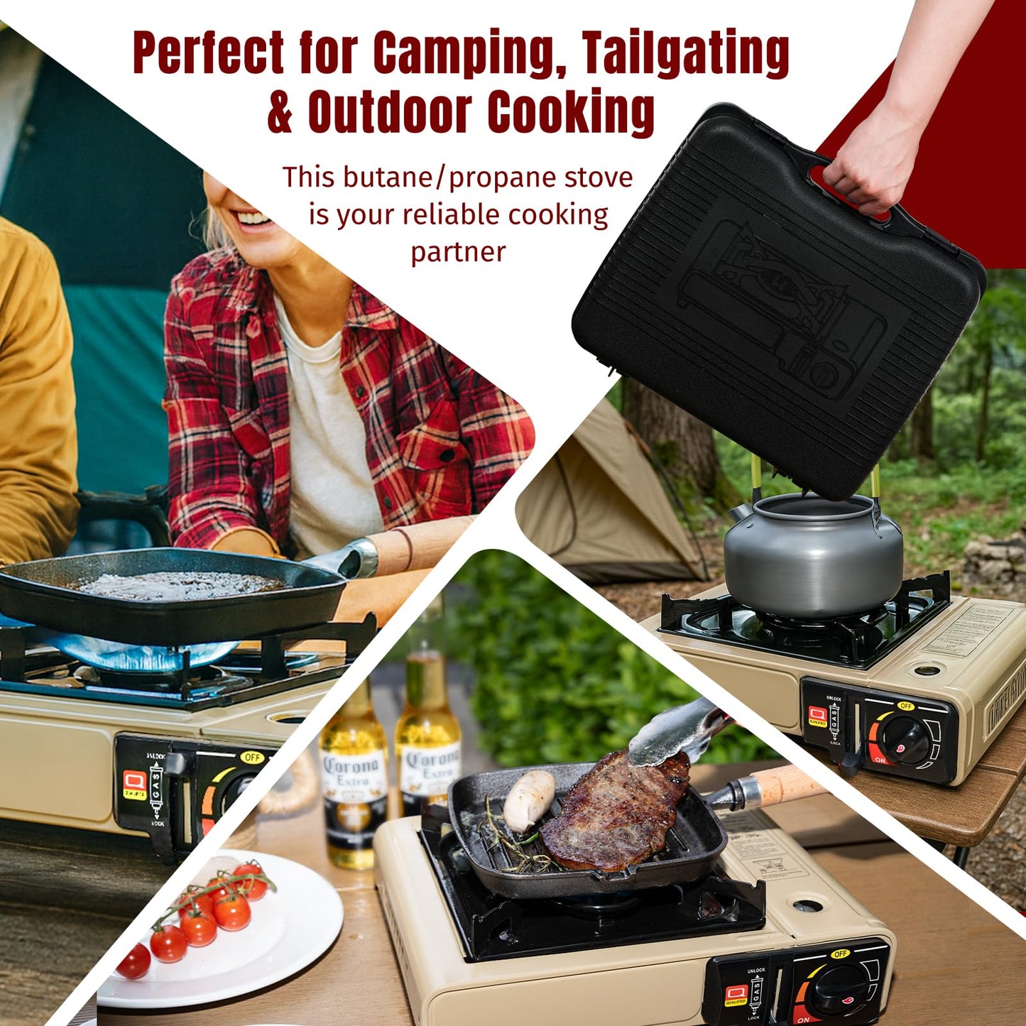 SHINESTAR Dual Fuel Camping Stove with Butane & Propane Compatibility, Portable Stove for Outdoor Cooking, Propane Adapter Hose, Wind Guard and Carrying Case Included (Fuel Not Included)