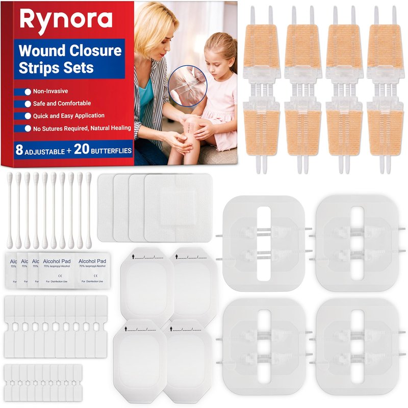 RYNORA 52 Pack Wound Closure Strips Sets, 3 Types Butterfly Bandages, Repair Wounds Without Stitches, Quick Clot Zip Stitch Wound Closures Device with 4 Wound Dressings and 4 Waterproof Dressings