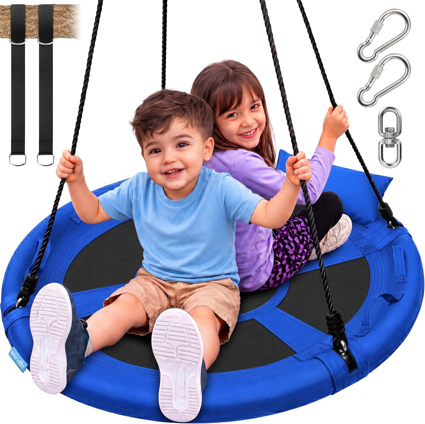 SereneLife Outdoor Tree Swing - 40” Saucer Swing with Adjustable Ropes & Center Swivel Spinner for Kids | Blue