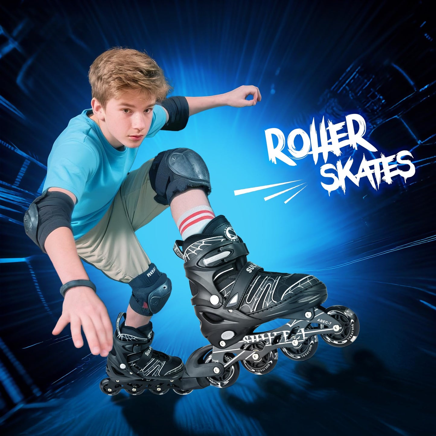 SULIFEEL Inline Skates with Blades for Kids Boys Youth Ages 6-12 8-12 5-8 with Light up Wheels 4 Sizes Adjustable Roller Skates for Beginners Indoor Outdoor Sports