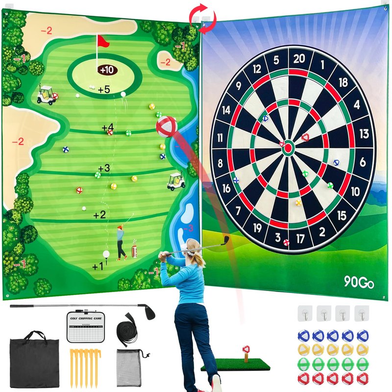90Go Double-Sided Chipping & Dart Game Mat Set with Golf Club, 20 Sticky Balls, 6Ft x 5Ft Supersize Game Training Mat, Ideal Indoor & Outdoor Gifts for Adults, Family, and Kids Play