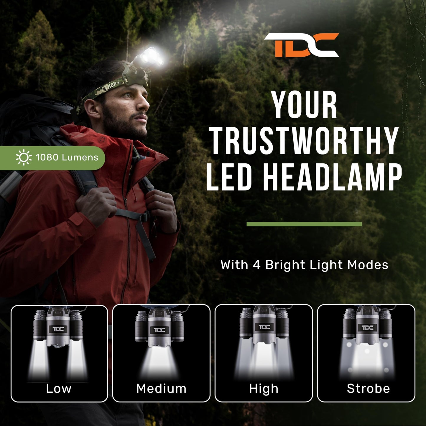 TDC Camo Rechargeable Headlamp - Zoomable Led Headlamp - Headlamp Flashlight USB - Waterproof Headlamps for Adults - Head Lamps Outdoor Led Rechargeable - Head Lights for Forehead