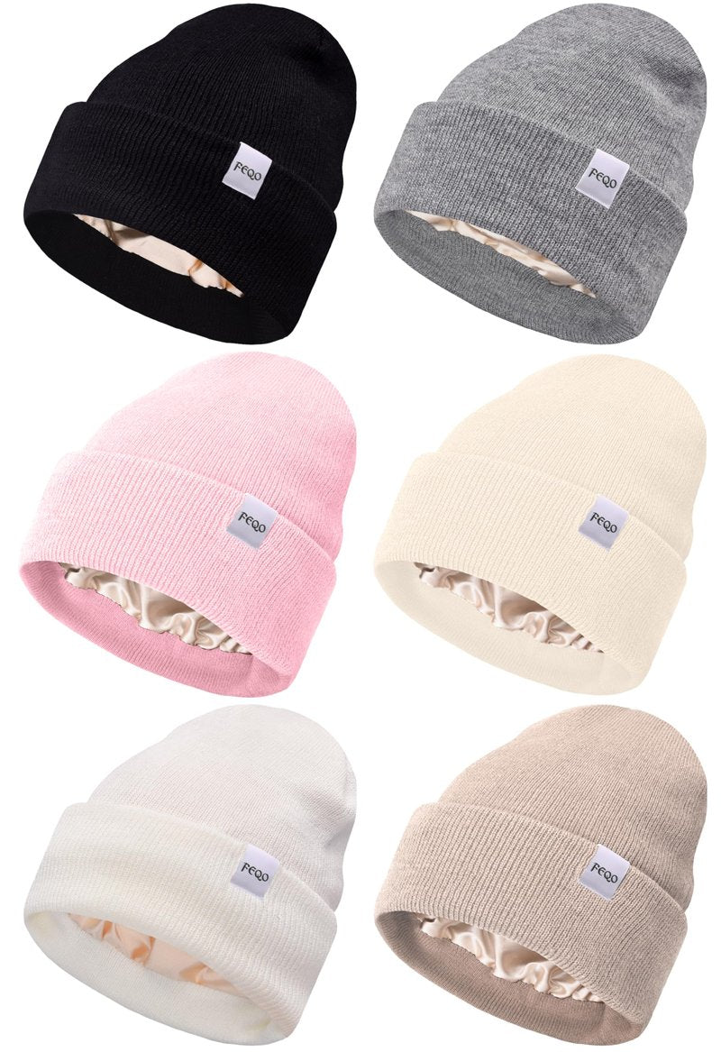 FEQO 6 Pack Satin Lined Winter Beanie Hats Soft Silk Lined Beanies Knit Warm Cuffed Hats for Women Men(Black, Light Gray, Pink, Beige, White, Oatmeal)