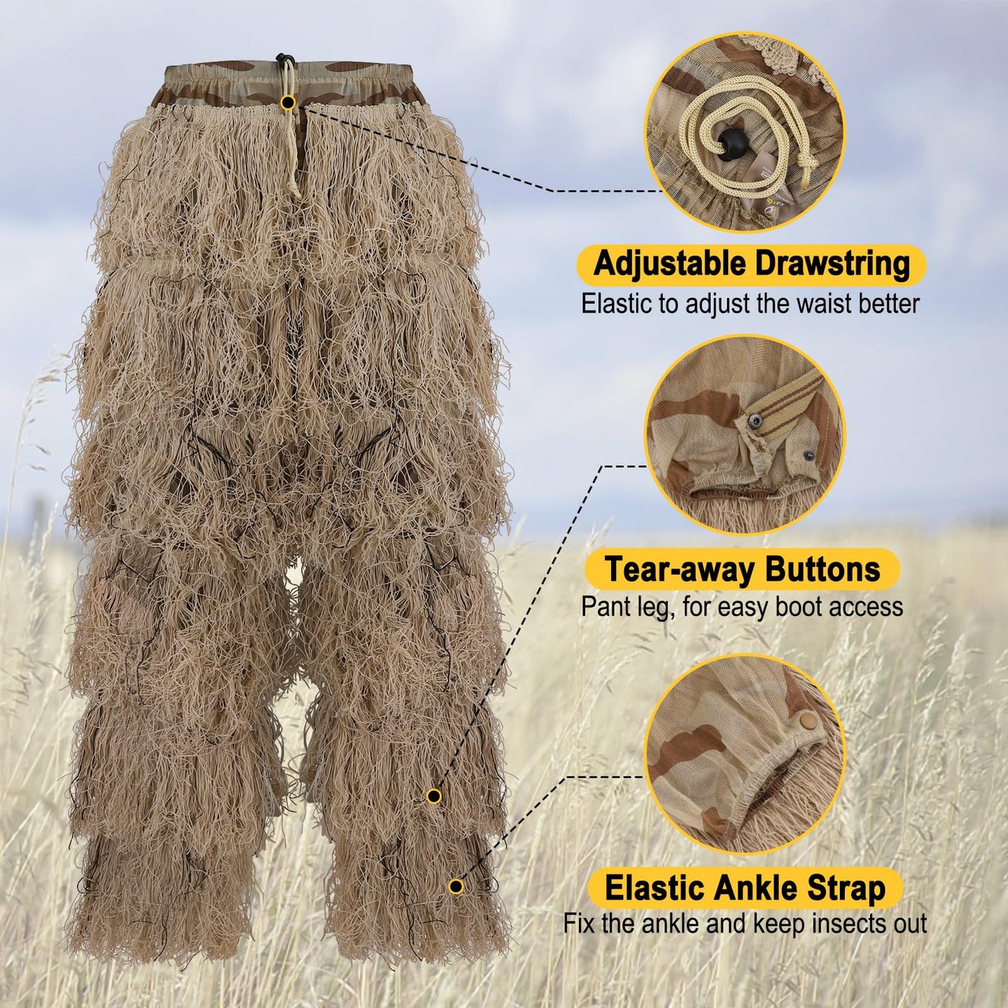 Kalkal Ghillie Suit for Men, 5 in 1 3D Camouflage Hunting Apparel for Men, Double-Stitched Design | Dry Grass, Adults Youth Gilly Suit for Jungle Hunting Wildlife Photography Halloween