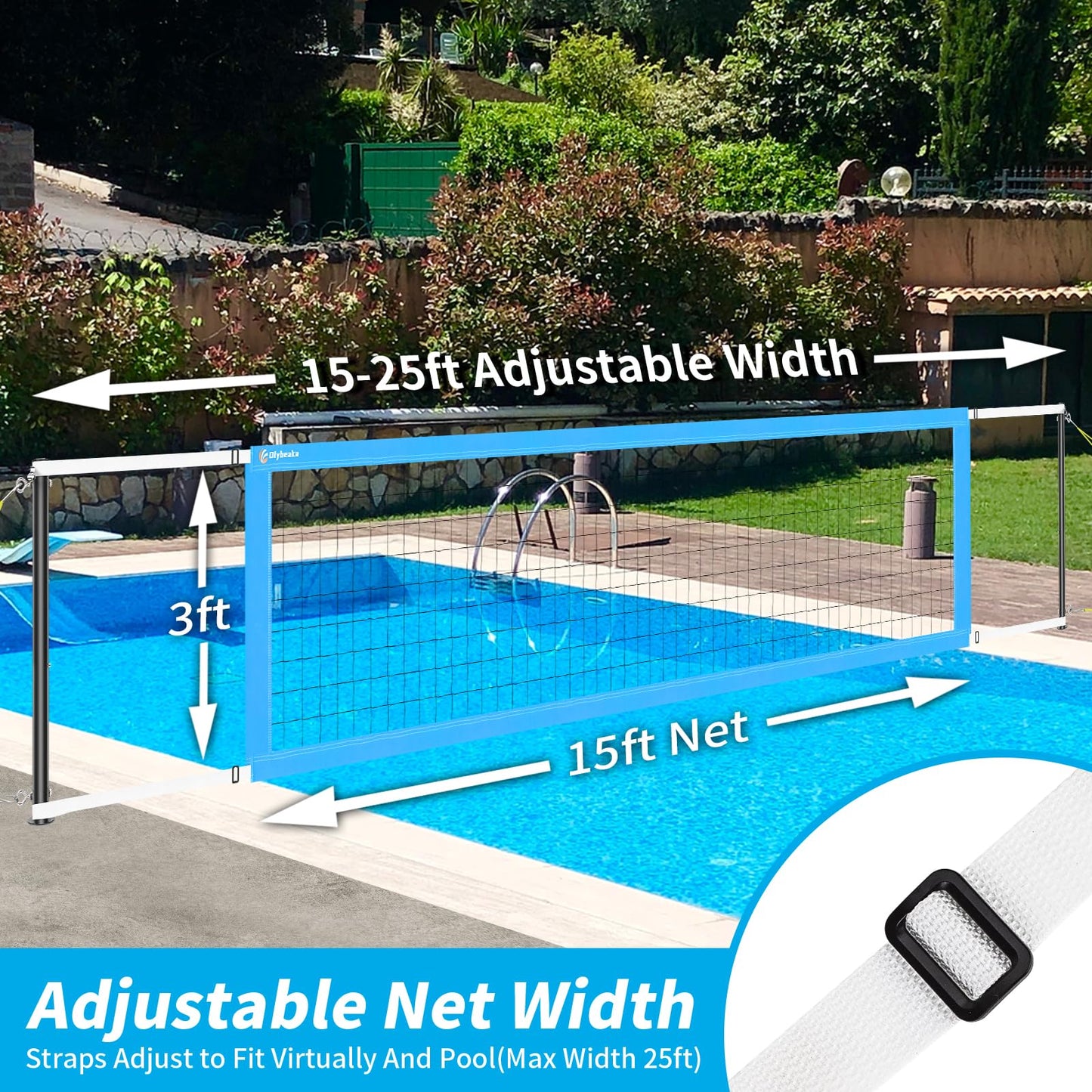 Olybeaka Length Adjustable 15ft-25ft Pool Volleyabll Net, Upgraded Sturdy Poolside Volleyball Net Set System with 2 Water Volleyballs, Pump and Hammer for Easy Installation (Blue)