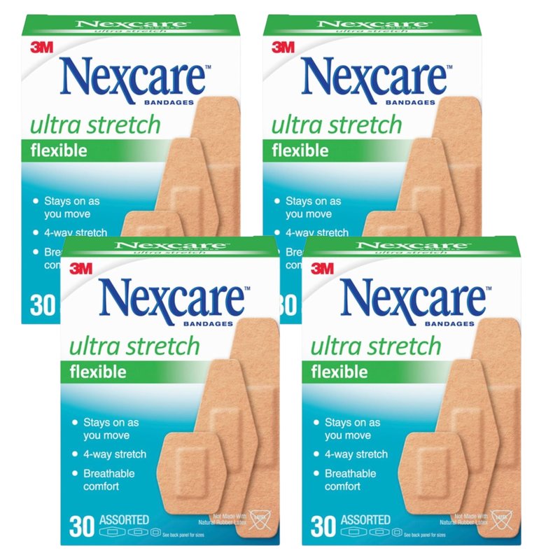 Nexcare Comfort Flexible Fabric Bandage, Latex Free, Assorted Sizes, 30 ct Packages (Pack of 4)