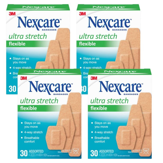 Nexcare Comfort Flexible Fabric Bandage, Latex Free, Assorted Sizes, 30 ct Packages (Pack of 4)