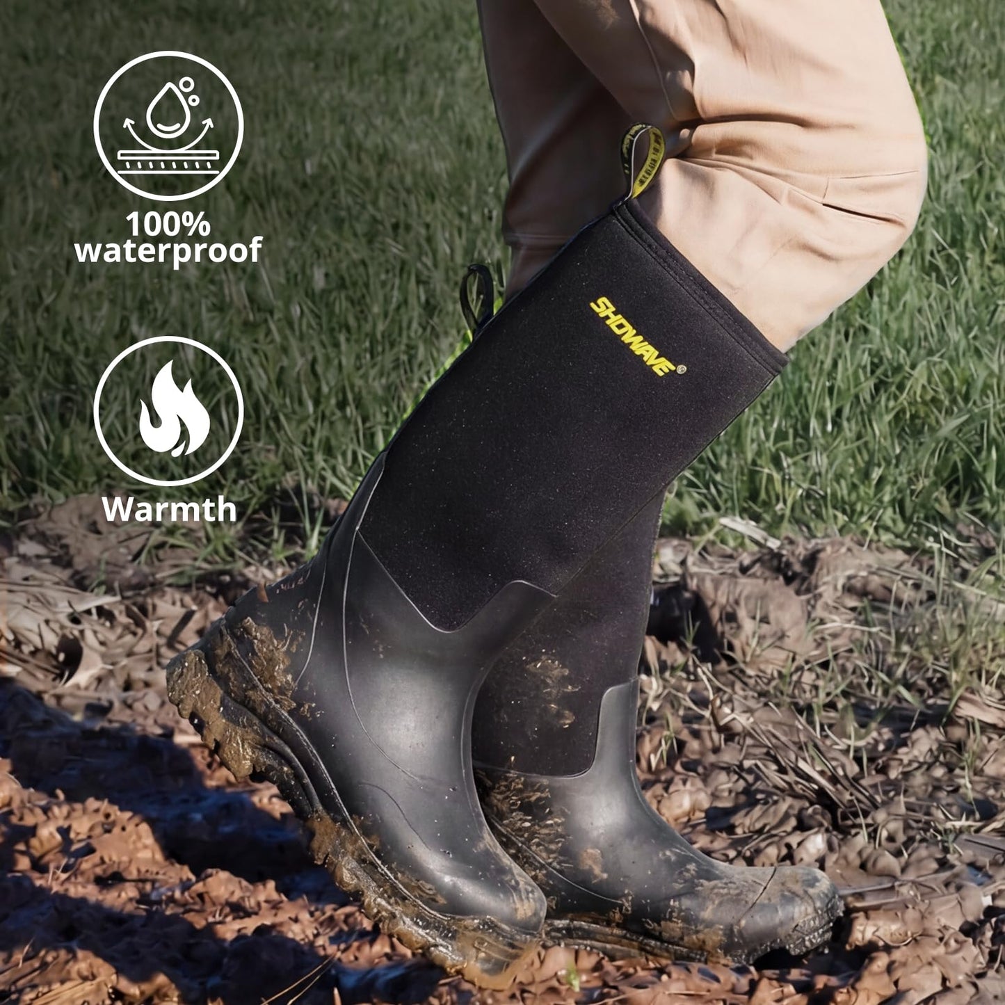 Showave Men's Rubber Boots Knee High Waterproof Insulated Rain Boots for Mud Outdoor Hunting(Black 9)