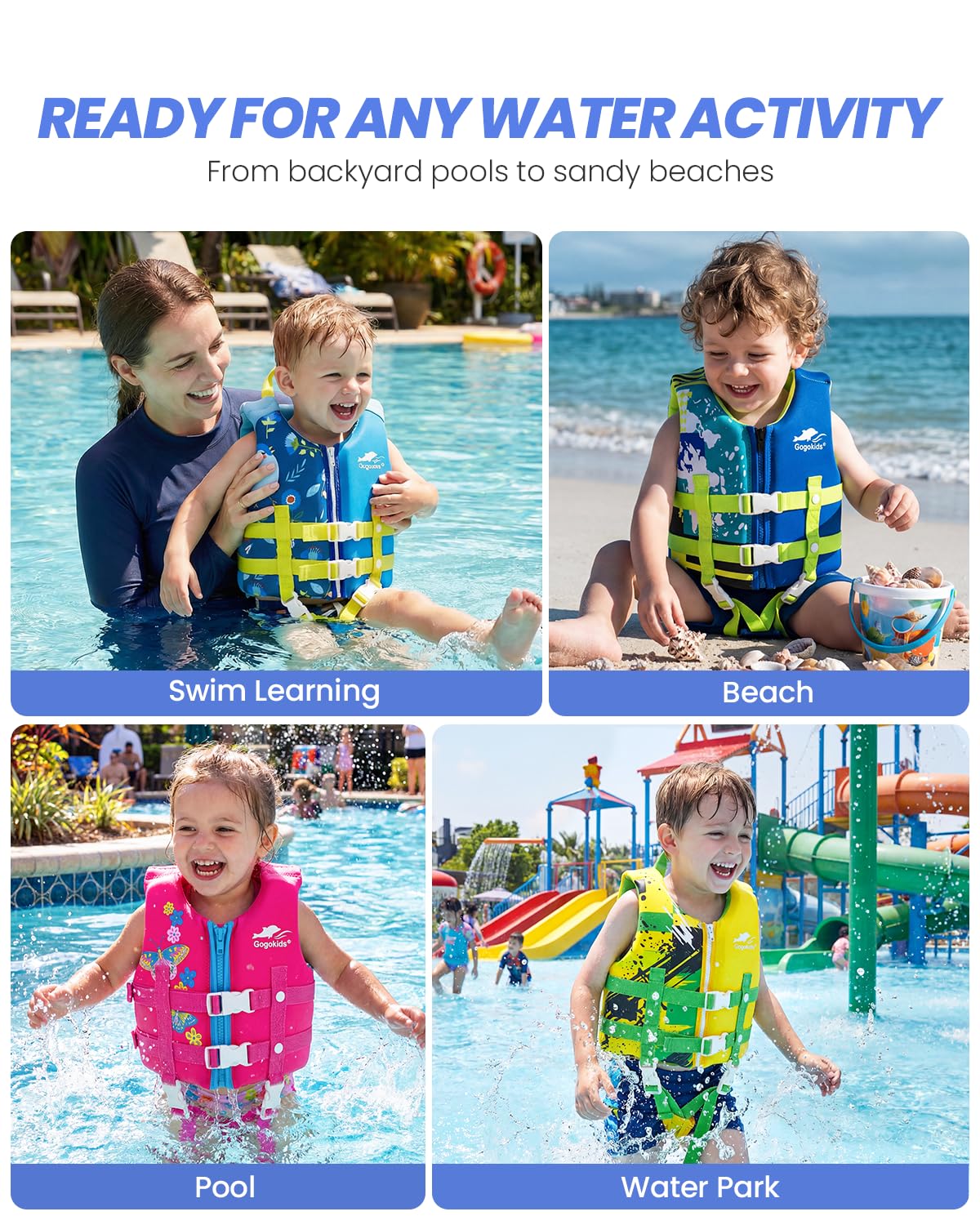 Gogokids Toddler Swim Vest, Premium Swim Vest for Kid Swimming Jacket for 30-40-50-60-70-80 Lbs Girls and Boys, Toddler Floaties Swimming Aid with Dual Safety Strap for 2-9 Years in Pool/Puddle/Beach