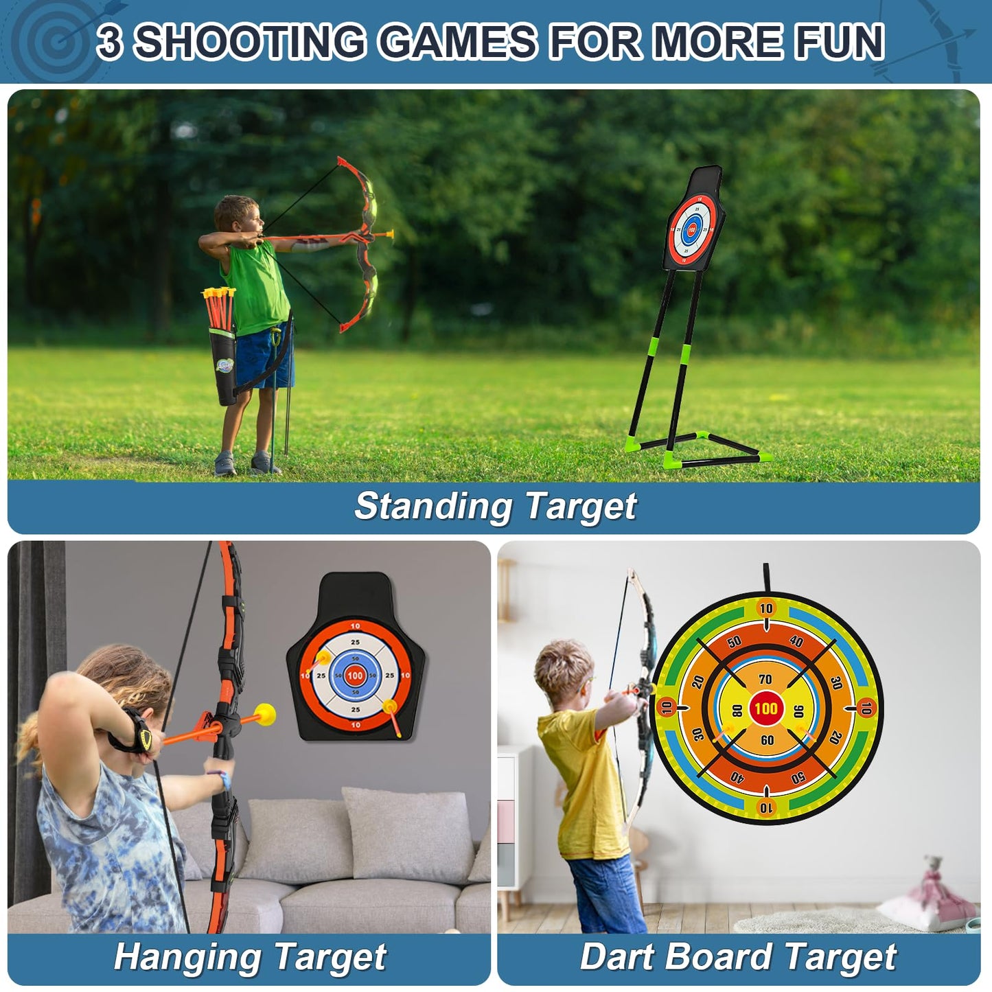 2 Pack Bow and Arrow Set with 29in Large Dart Board, LED Light Up Archery Set for Kids with 20 Suction Cup Arrows&12 Sticky Balls Standing Target Indoor Outdoor Toys Must Have for Boys Girls 3-12 yo