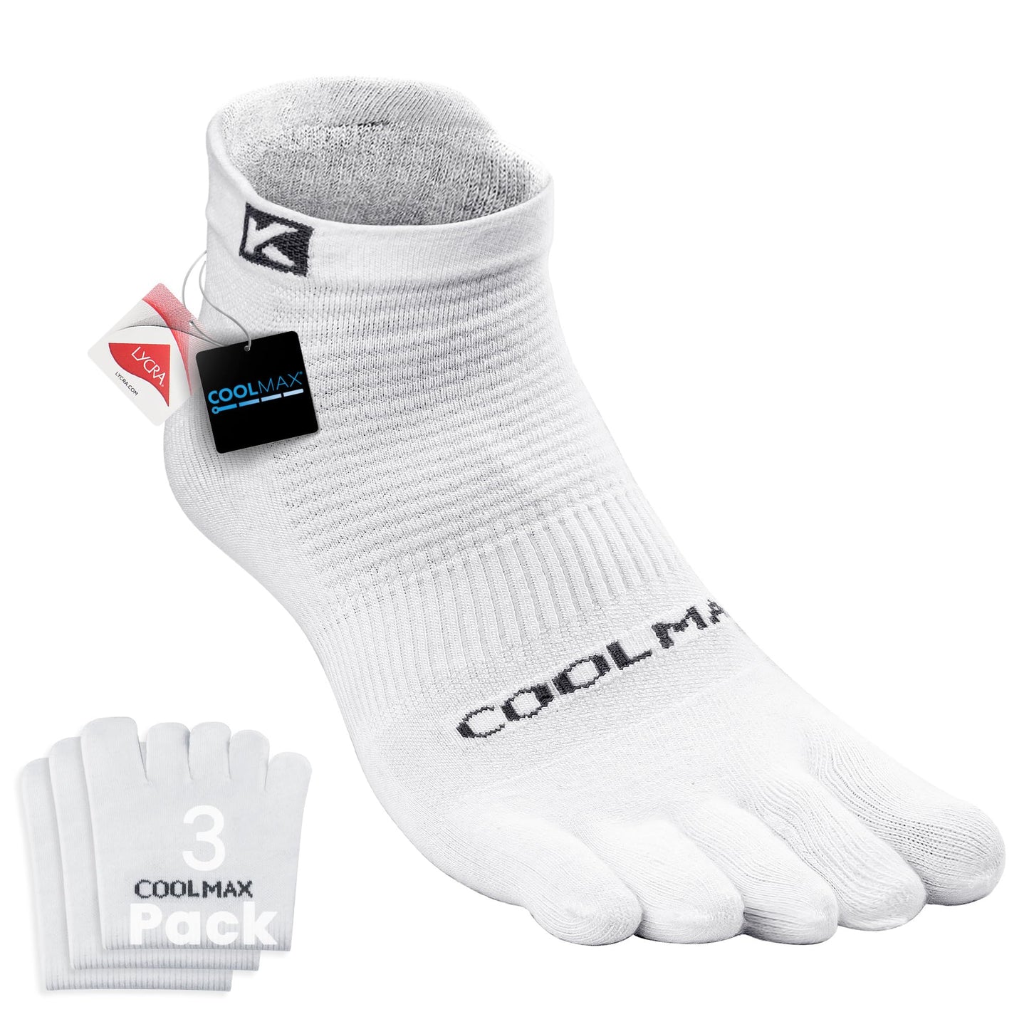 KWUKOTY Coolmax Performance Ankle Athletic Running Toe Socks White Size Men 7-10 Women 8-11