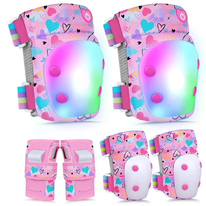 Lemmeko Knee Pads for Kids with LED Lights, Kids Knee Pads and Elbow Pads Wrist Guards Set with Drawstring Bag for Girls 3-8 Years Adjustable Protective Gear Set for Scootering Cycling Skateboarding