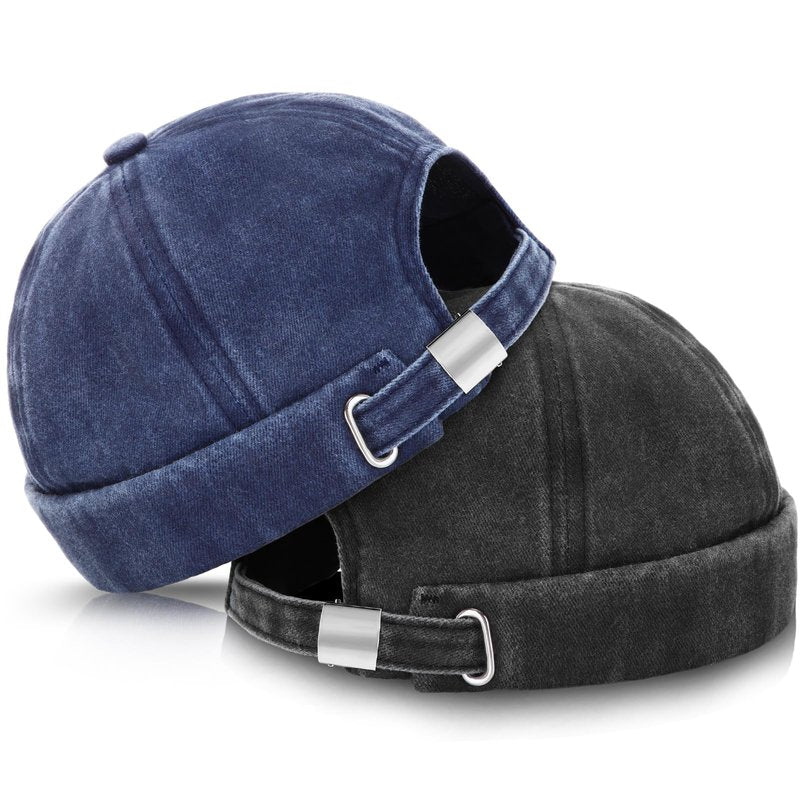 SATINIOR 2 Pieces Brimless Hats for Men Adjustable Docker Cap Casual No Brim Hat Rolled Cuff Sailor Skullcap(Black, Blue)