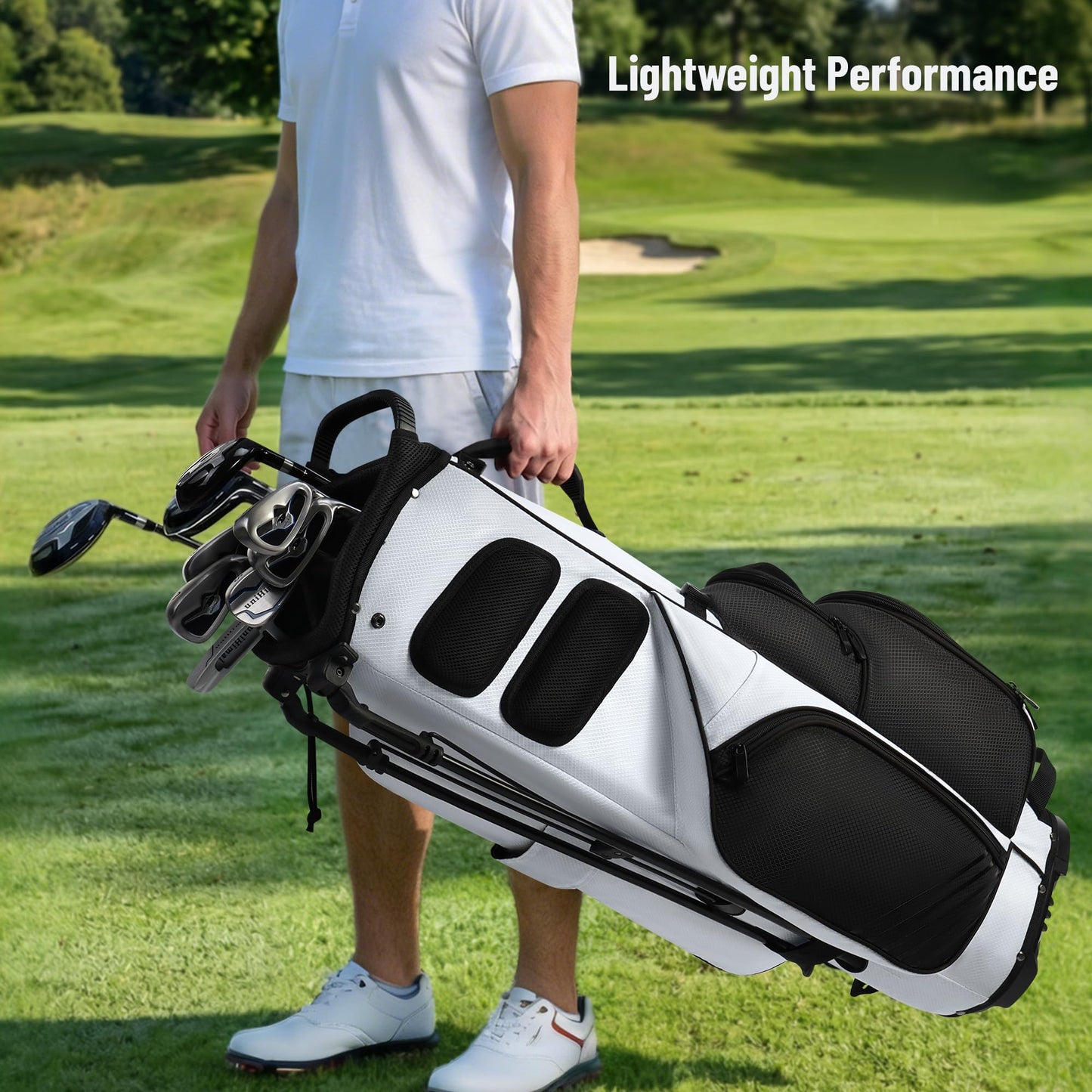 UNIHIMAL 8-Way Golf Stand Bag, Lightweight Walking Golf Bag with Full-Length Dividers, Cooler Pocket and Rain Hood, for Men Women, Black White