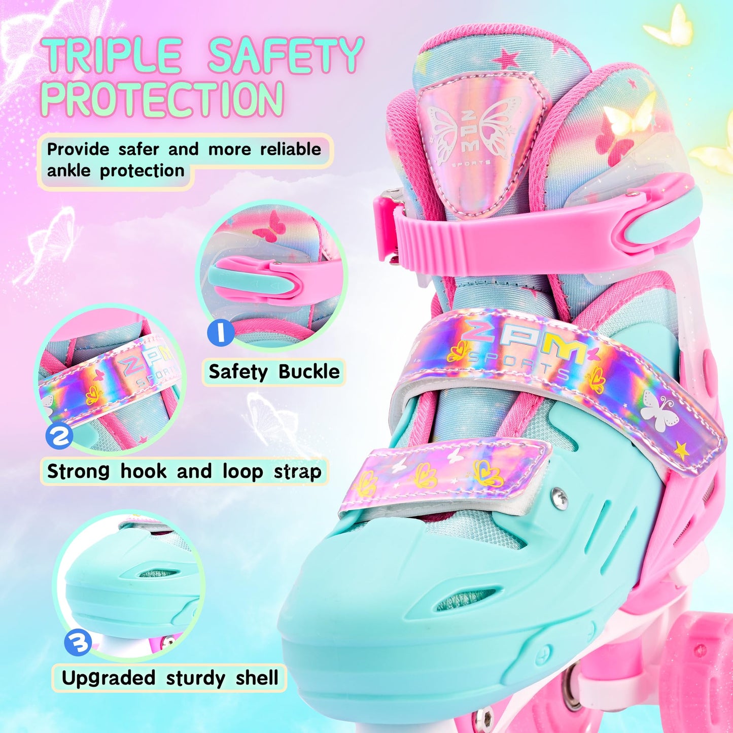 2PM SPORTS Adjustable Roller Skates for Girls Kids Ages 3-5 4-7 5-8 6-12 8-12 with Light Up Wheels, Outdoor Indoor Rollerskates for Kids Beginner Toddler Little Girl Youth Pink Green Butterfly