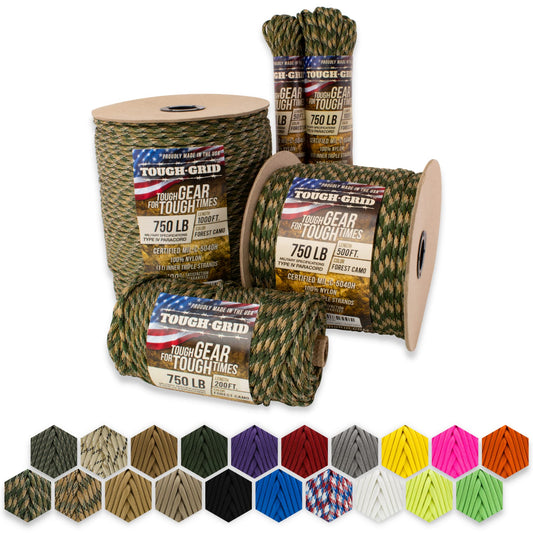 TOUGH-GRID Premium 750lb Paracord - 100% Nylon Type IV Mil-Spec - UV & Abrasion Resistant - Heavy Duty Strands - Outdoor Survival - Used by US Military - 50 ft - Forest Camo