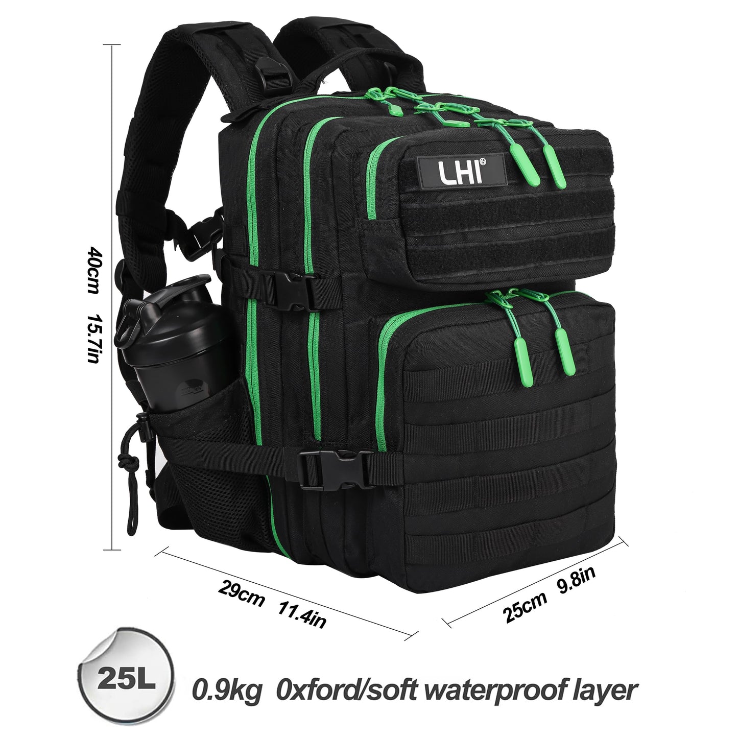 LHI Tactical Military Backpack for Men and Women 25L Army Assault Pack Bag Large Rucksack with Molle System-Black green zipper