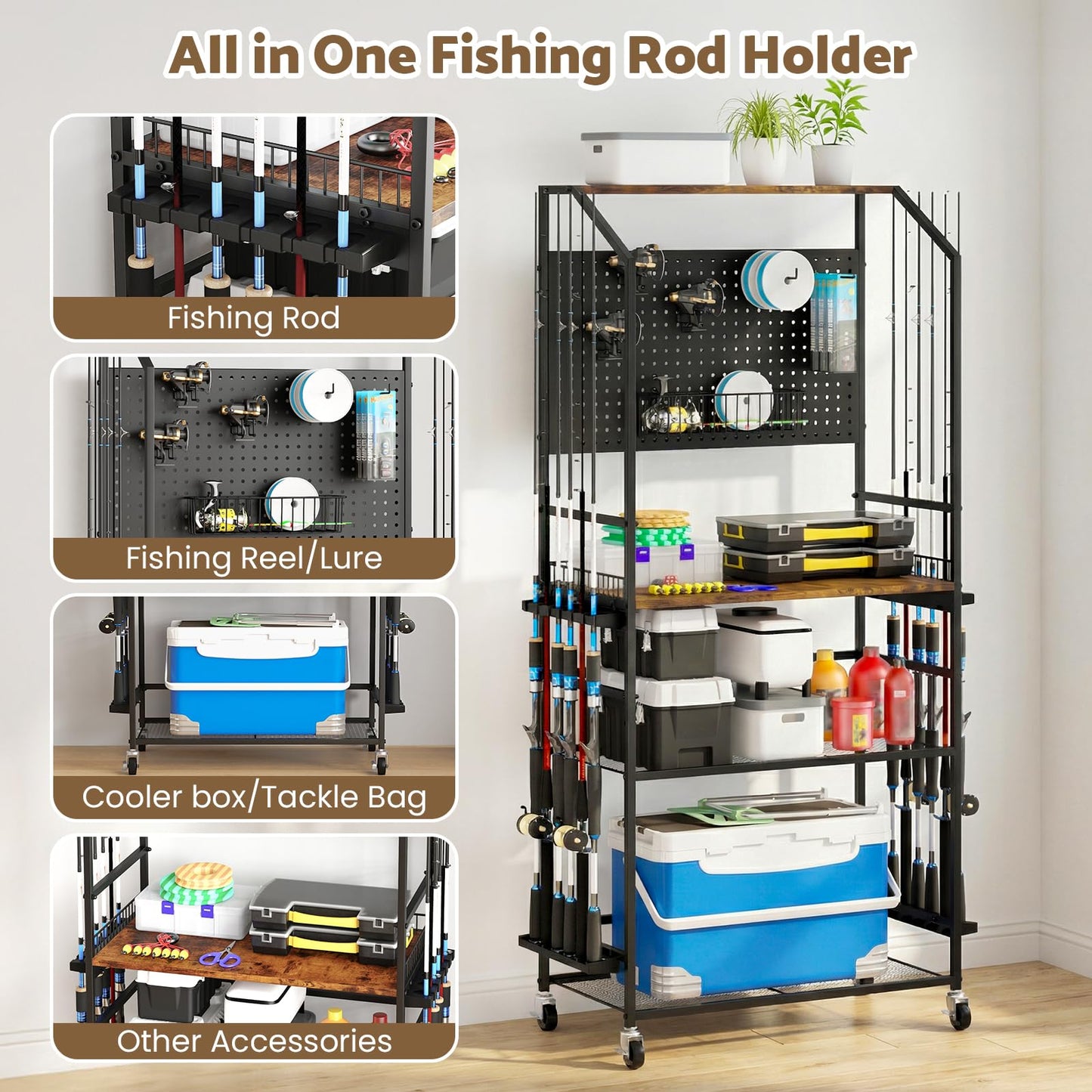 Kikihouse 4-Tier Heavy Duty Fishing Rod Holders for Garage with Pegboard and Hooks, 65.7" Lockable Wheels Fishing Rod Rack Storage Up to 12 Rods, Fishing Pole Stand for Fishing Gear & Equipment