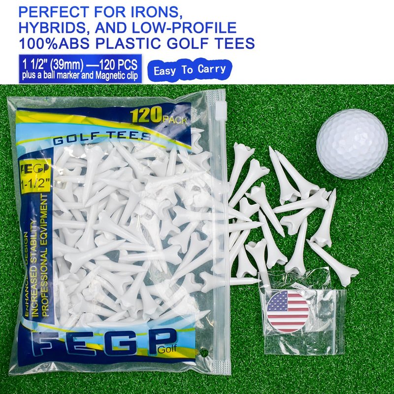 1 1/2'' Plastic Golf Tees – Short Tees for Irons, Par Threes, Hybrids, and Driving Range - Pack of 120 Bulk 4 Prongs Plastic Golf Tees Performance Series Low Resistance Golf Tee White