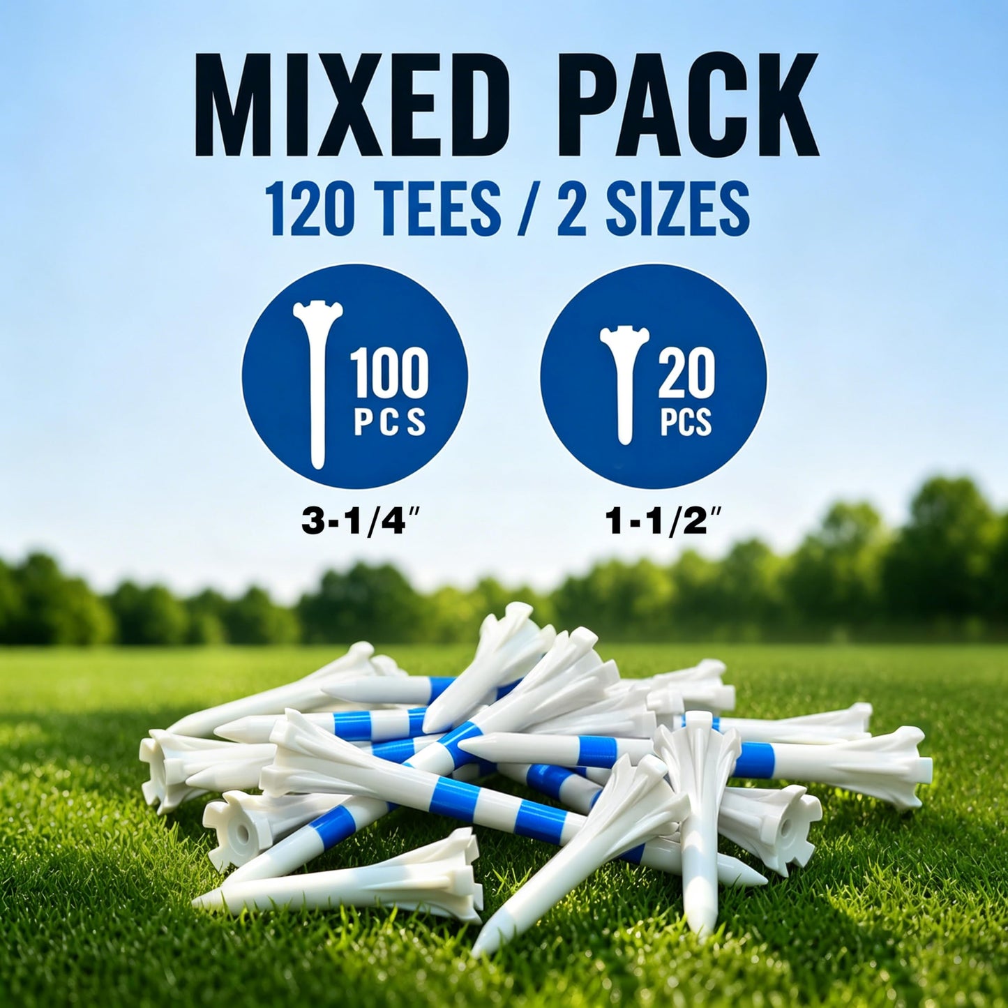 CHAMPKEY Advanced 5-Prong Plastic Golf Tees 120 or 100 Pack - 50% Ball Contact Surface Optimization with Longer Distance Performance Golf Tees Plastic(White-Assorted Pack,3-1/4"(120 Assorted Pack))