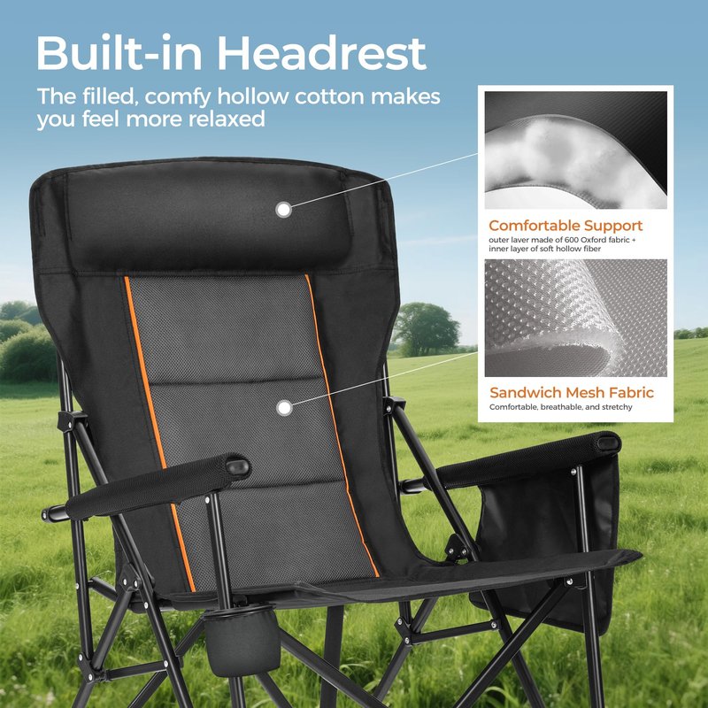 ALPHA CAMP Heavy Duty High Back Camping Chairs 500LBS Capacity Oversized Folding Chair Outdoor Chair with Headrest,Lawn with Side Pocket for Lawn, Sports and Fishing, Black,1PC