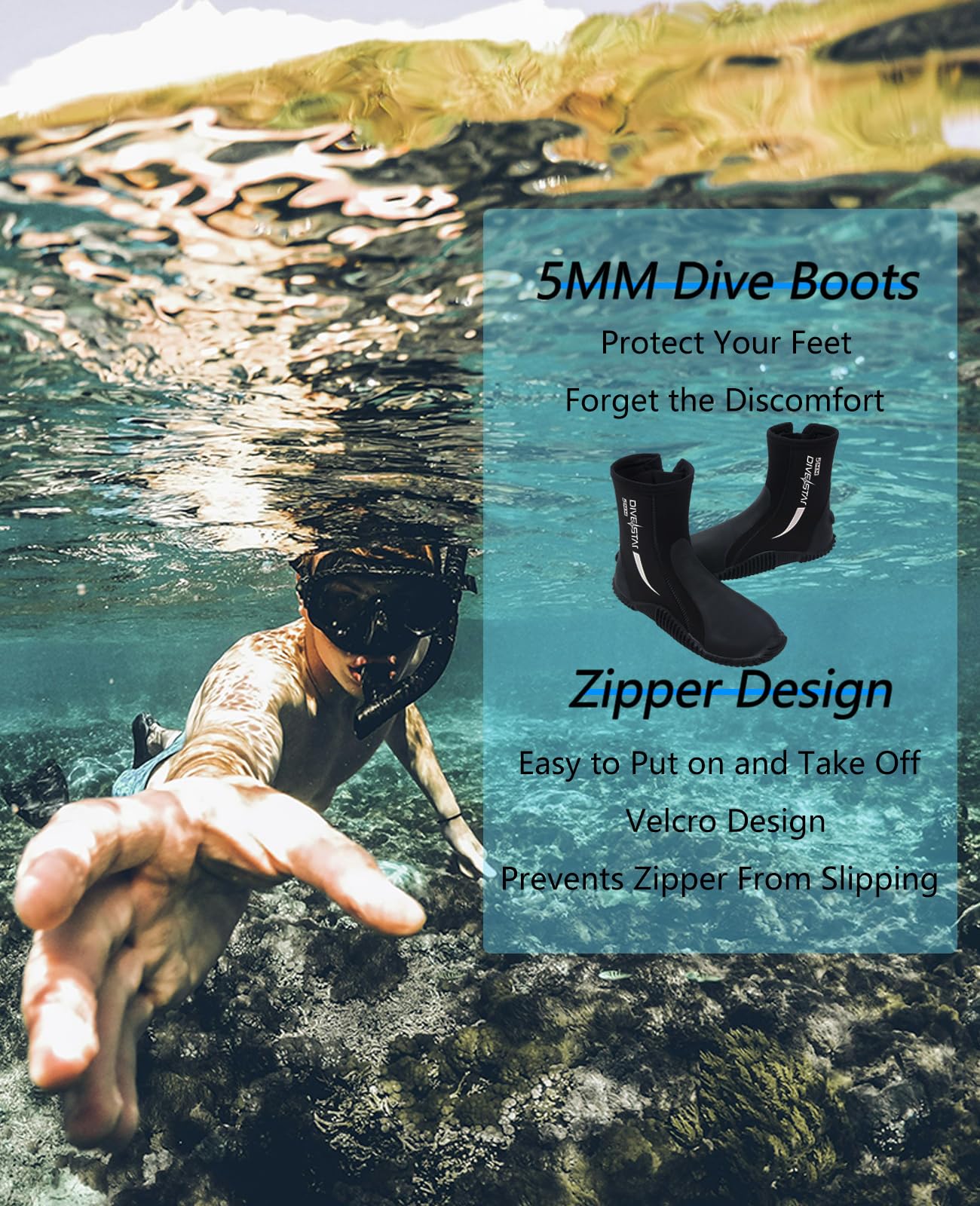 Skyone Neoprene Dive Boots, Men's & Women's 5MM Wetsuit Surf Booties, Tall Zippered Anti-Slip Rubber Sole Scuba Boots, Diving Booties for Sailing Snorkeling (Black, Mens 9 / Womens 10)