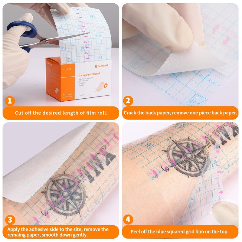 Tattoo Aftercare Bandage, Transparent Film Dressing Roll, Transparent Adhesive Bandage, 4in x 11yd, Shower Shield Dressing, Second Skin Waterproof,Soft, Conformable & Breathable by EalionMed