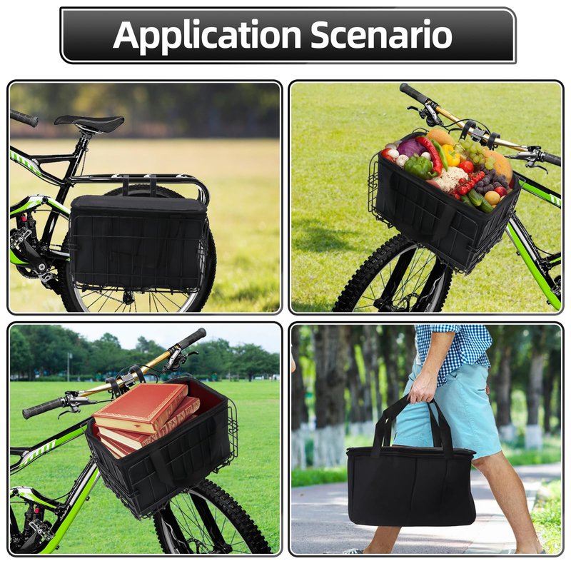 Bike Basket, Foldable Bicycle Basket with Removable Liner Bag, Large Quick Release Design Meta Bike Basket Front for Carrying Dogs, Pets, Fruit, Groceries, Ebike Bicycle Accessories
