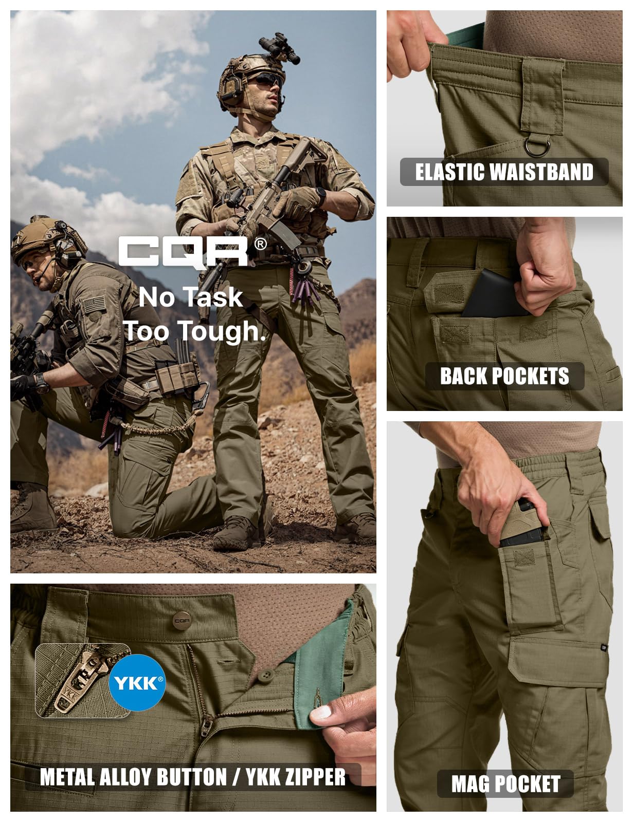 CQR Men's Tactical Pants, Water Resistant Ripstop Cargo Pants, Lightweight EDC Work Hiking Pants, Outdoor Apparel, Raider Mag Soil Green, 38W x 34L