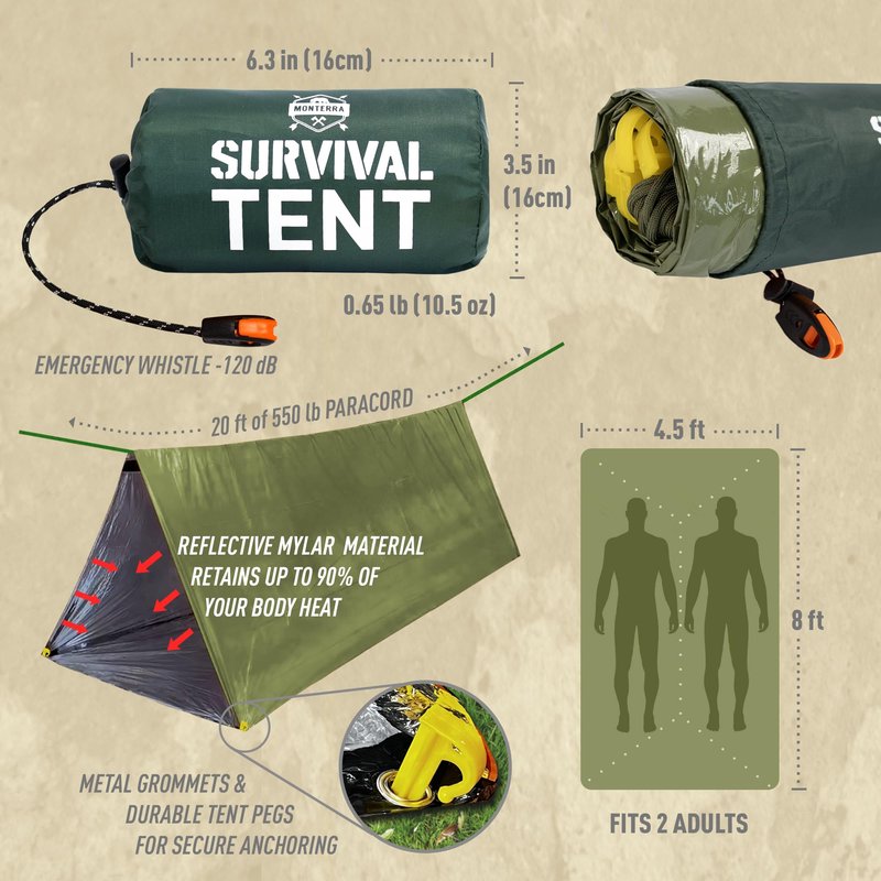 Monterra Emergency Tent, 2 Person Survival Shelter, Thermal Mylar, Waterproof, Outdoor Camping Gear and Equipment, Survival Kits, Compact Bivvy Tarp, includes Paracord and Accessories.