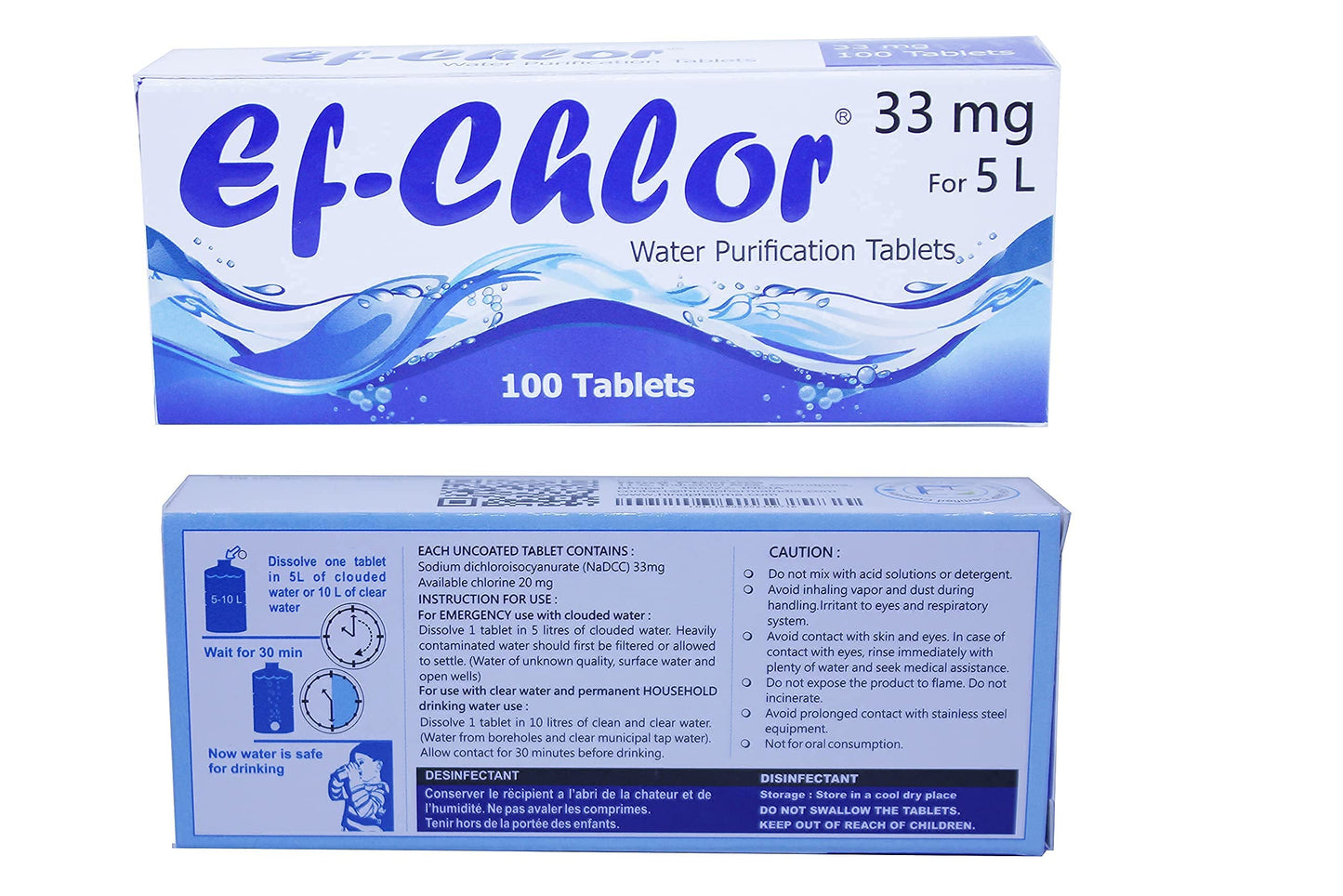 Ef-Chlor Water Purification Tablets/Drops (33 mg - 100 Tablets) - Potable Drinking Water Treatment Ideal for Emergencies, Survival, Travel, and Camping, Purifies 2.64 Gallons in 1 Tablet