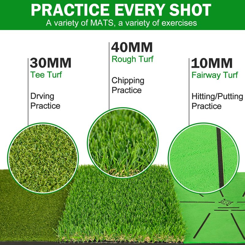 MONOJOY Golf Hitting Mats with Golf Tees Practice Indoor 3 PCS Replaceable Outdoor Golf Putting Chipping Artificial Dual Turf Training Mats Velvet Practice with No-Slip Heavy Duty Rubber Base