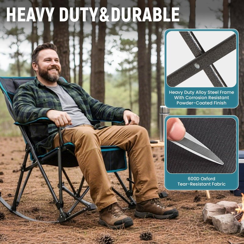 FUNDANGO Oversized Rocking Camping Chair for Adults, Portable Folding Lawn Chairs for Outside with Pillows, Wide Armrest, 2 Cup Holders, Carry Bag for Patio Garden Outdoor Supports 400Lbs (Black/Blue)