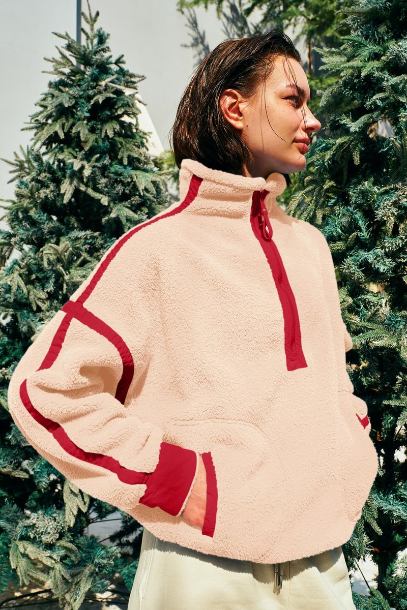 Panadila Womens Half Zip Fleece Pullover Sherpa Jacket Fuzzy Sweater Cozy Sweatshirt with Pockets Winter (Beige Red Combo,M)