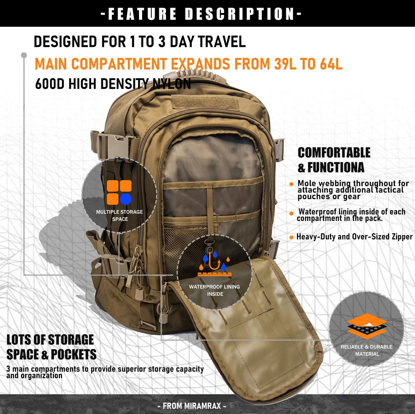 Miramrax Tactical Backpack Military Army Daypack - Assault Pack for Men Molle Backpacks Bug Out Bag 3 Day Pack for Hiking Camping Travel Hunting Rucksack Trekking Coyote