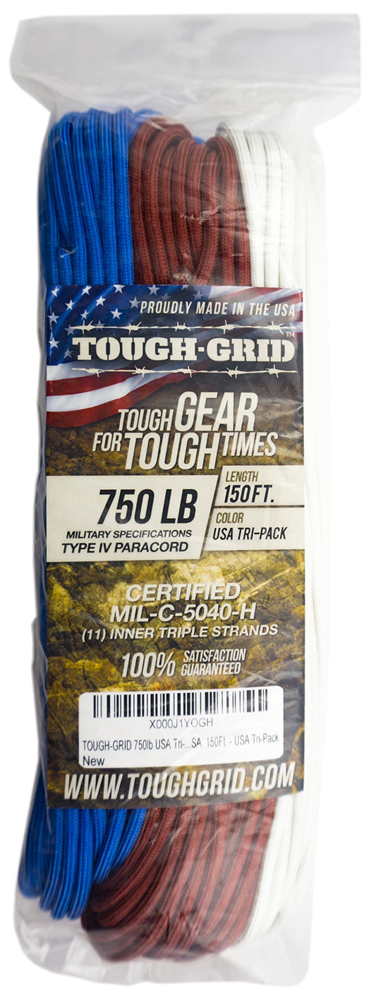 TOUGH-GRID 750lb Paracord/Parachute Cord - 100% Nylon Mil-Spec Type IV Paracord Used by The US Military, Great for Bracelets and Lanyards, 150Ft. - USA Tri-Pack