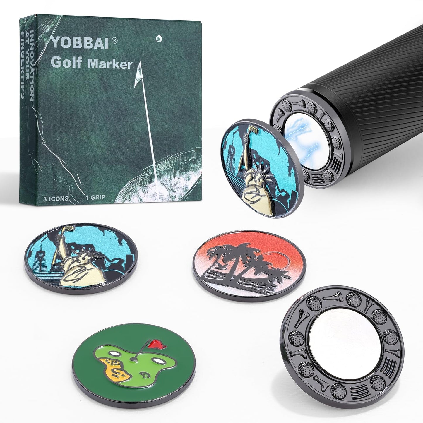 Yobbai Magnetic Golf Ball Marker Set with Putter-End Base (Putter Marker), Fits Putter Grip Vent Hole 2.5–4mm — 3 Coin Markers, Fast On-Hand Marking, No Lost Markers, Golf Accessories & Gifts