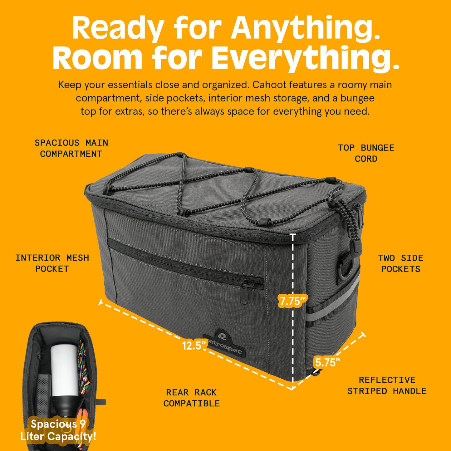 Retrospec Cahoot Waterproof Bike Trunk Bag - rPET Cycling Rear Rack Storage Bag with Rain Cover and Carry Strap for Commuter - E-Bike Compatible (7.75"x12.5"x5.75")