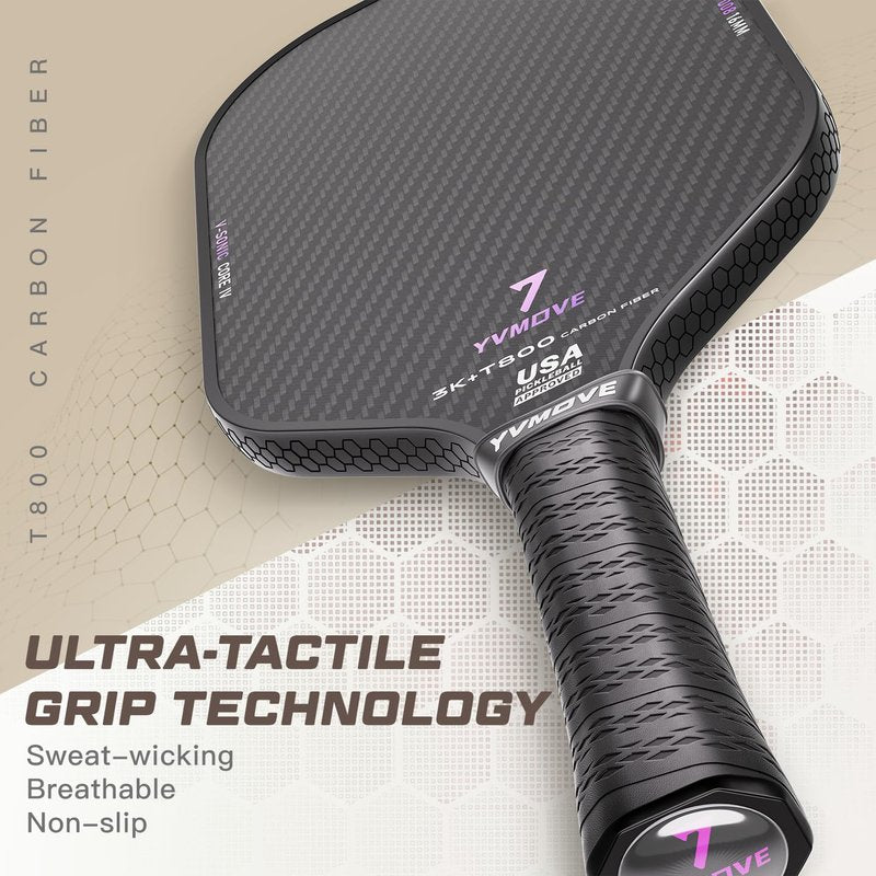 YVmove T800+3K Carbon Fiber Pickleball Paddle with 16mm V-Sonic IV Dynamic Core, Premium Pickle Ball Thermoformed Unibody, Elongated Shape, Enhanced Control & Ultimate Spin, USAPA Approved